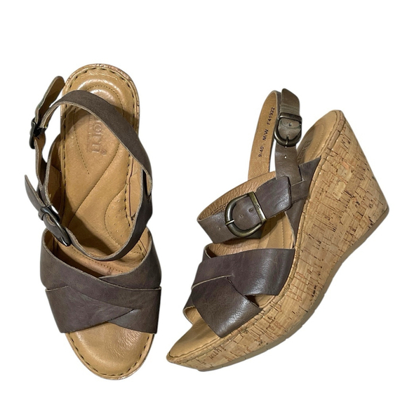 Born Womens 9 Emmy Quarter Wedge Sandals Criss Cross Straps Buckle Cork Heel - Picture 1 of 12